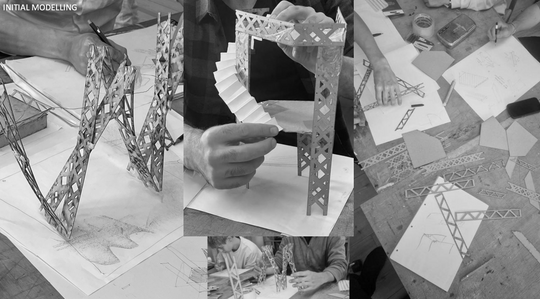 Sort-hvid fotocollage af hænder, der tegner og samler små modeller af gitterkonstruktioner.