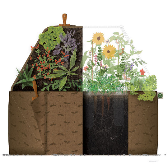 A vegetable garden kit for refugee camps. Container (plan, cross-section, elevation – combined) by Rena Gonatos