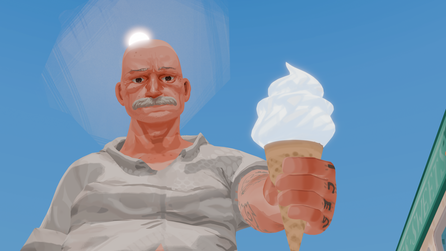 Old bold man standing in front of the sun holding out an ice cream.