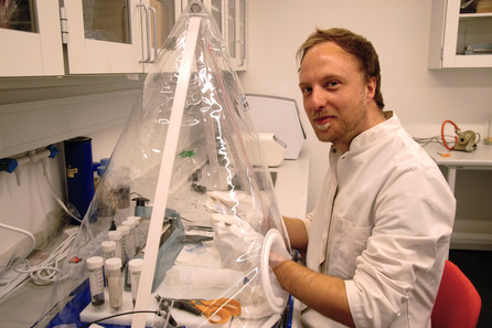 Person i laboratoriemiljø arbejder ved et bord under en gennemsigtig plastikhætte med laboratorieudstyr omkring.