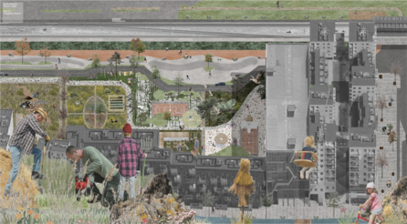 Axonometric collage of proposed urban life