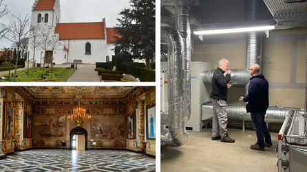 Tre fotos - et af en hvid kirke med rødt tag - et af en riddersal - og et foto af to konservatorer i et kælderrum med lysstofrør og store udluftningsrør