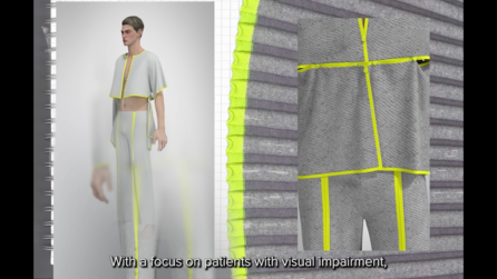 Digitalt modedesign med gråt, todelt striksæt med neongule detaljer og nærbillede af tekstilet.