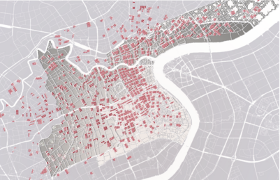 Map illustrated the original locations and numbers of lilongs in center of Shanghai lilong type