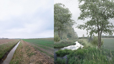 Renderinger af landskab med å - før og efter genslyngning og beplantning