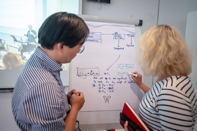 Mand og kvinde ser på whiteboard med tekst og pile