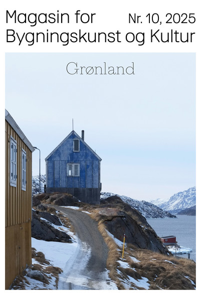 Forside af Magasin for Bygningskunst nr. 10 - Gult og blåt hus i delvist snedækket landskab ved fjord
