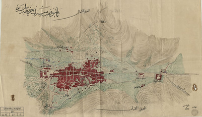 Historic hand‑drawn map showing a settlement marked in red with surrounding terrain