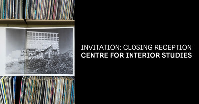Bogreol - tekst på sort baggrund: Invitation Closing Reception, Centre for Interior Studies