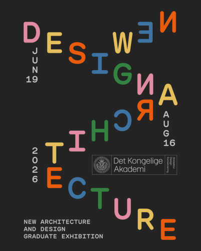 Sort baggrund, farvet tekst hvor der står new design and architecture