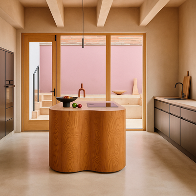 Lyst, minimalistisk køkken med afrundet køkkenø i træ og stor glasdør mod rosa gårdrum.