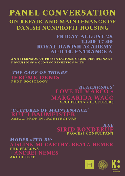 Poster for a panel discussion on maintenance of Danish nonprofit housing, listing the date, time, venue, speakers, and moderators.