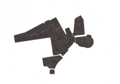 bstrakt komposition af mørke, geometriske former spredt på hvid baggrund.