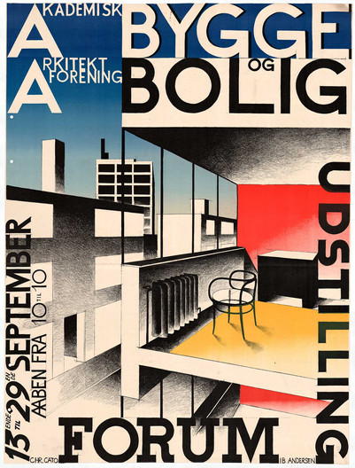 Grafisk plakat for “Bygge og Bolig” med modernistisk interiør og markant typografi.