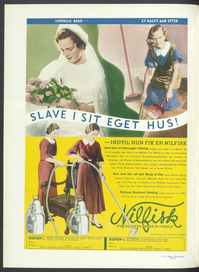 Vintage Nilfisk-reklame, der fremstiller husarbejde før og efter ægteskab.