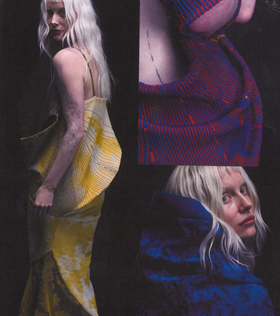Fashion collage with close-ups of models in sculptural, patterned knitwear.