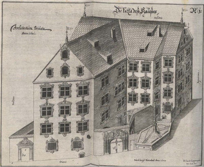 Historisk kobberstik af en stor bygning set i perspektiv.