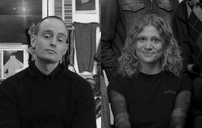 Black-and-white portraits of two people with knitted textiles in the background.