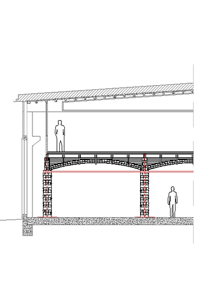 Technical section drawing of a structure with columns, arches, and a raised deck.