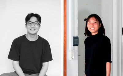Two smiling people side by side: left in black and white wearing glasses against a plain background, right standing in a doorway.