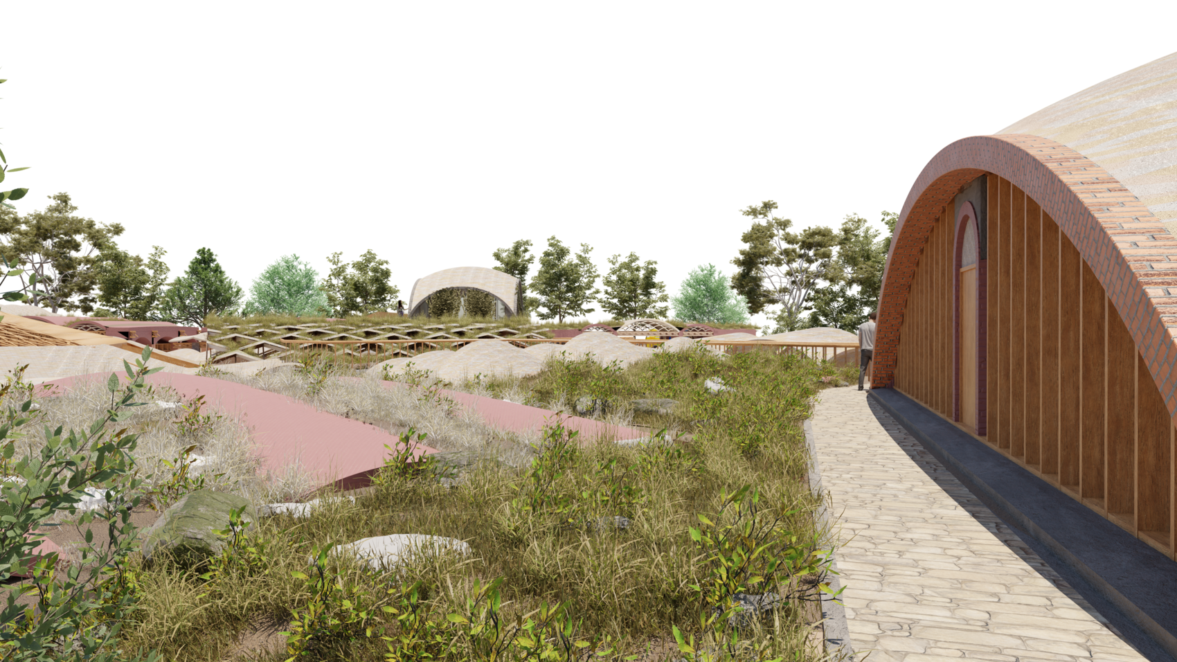 the dhun earth institute A landscape of domed structures.