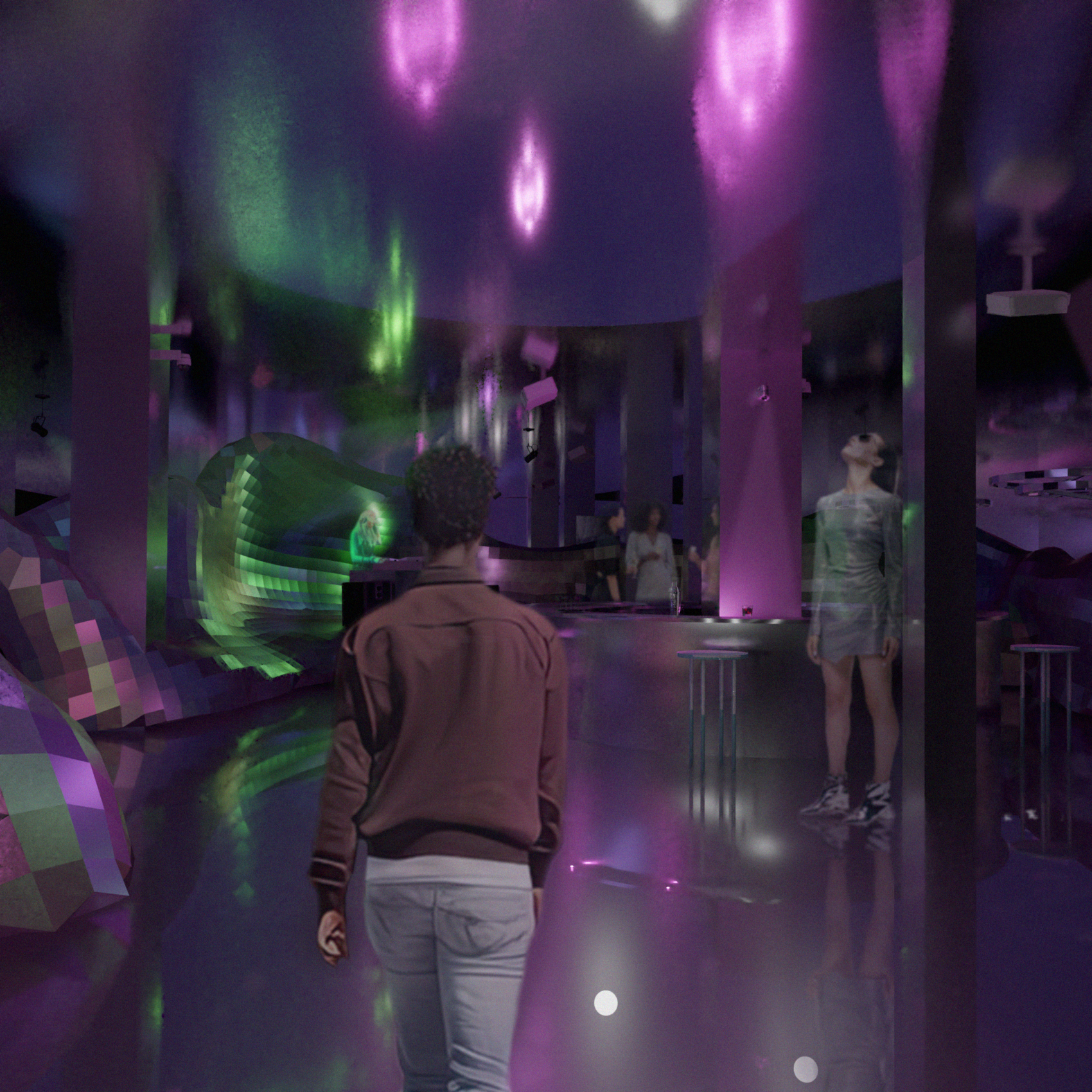 Visualisation of a nightclub proposal with a mosaik wall with colorful light and media reflected onto it. The space is metallic and merges media art with nightlife.