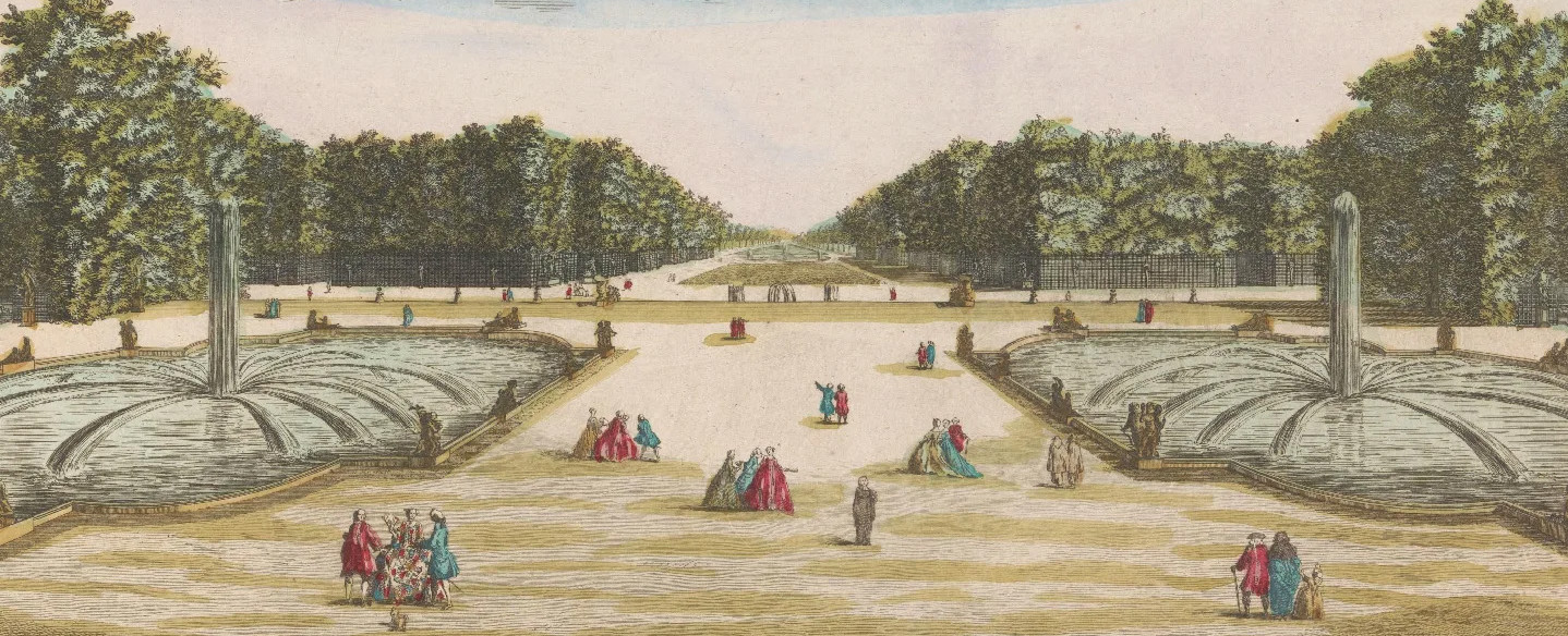 Louis-Joseph Mondhare, Udsigt over haven i Versailles, Frankrig, anden halvdel af 1700-tallet. Radering og akvarel. Rijksmuseum. Public Domain. Radering: Udsigt over haven i Versailles