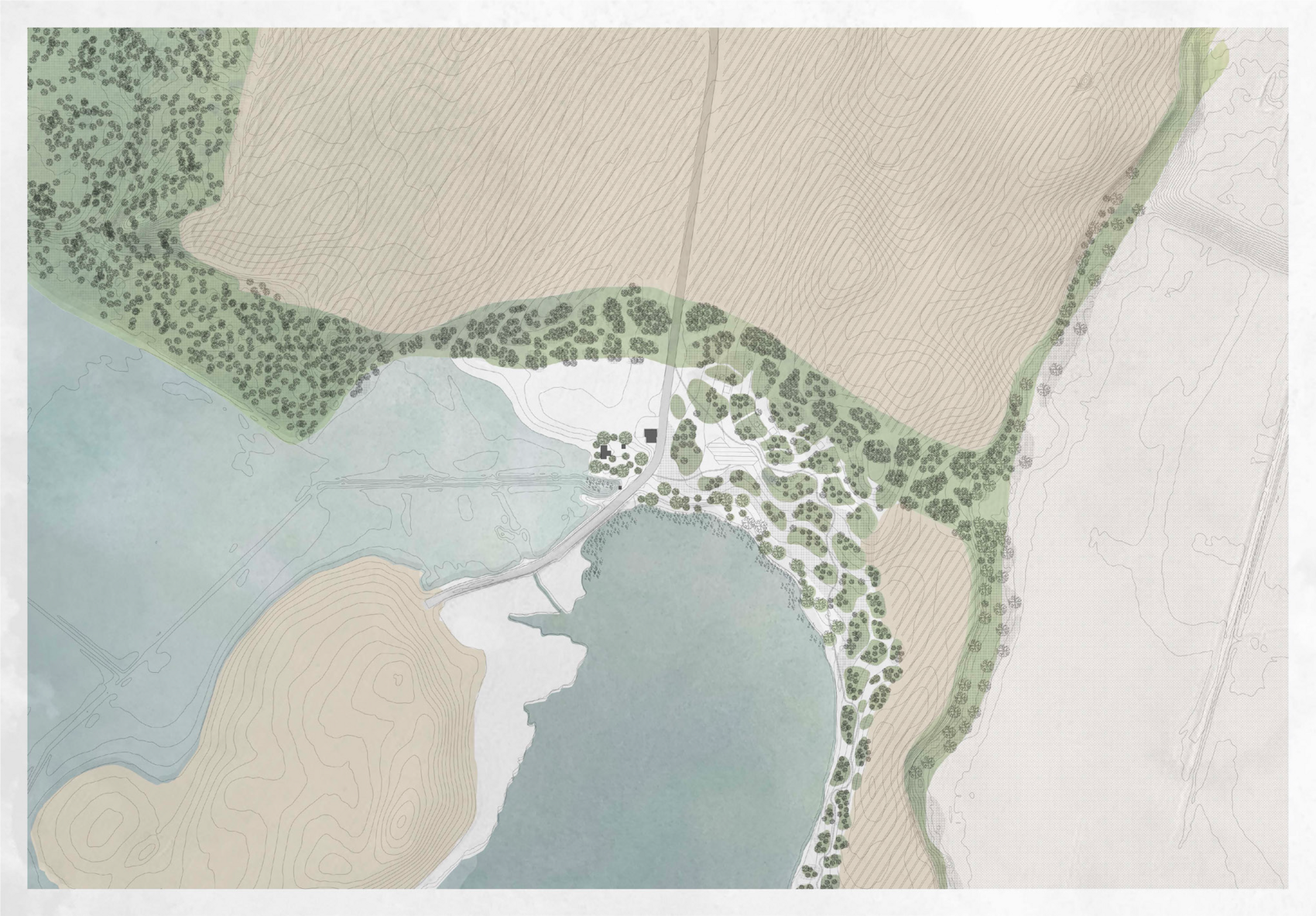 Landskabet år 10. Plan - landskab med sø efter 10 år