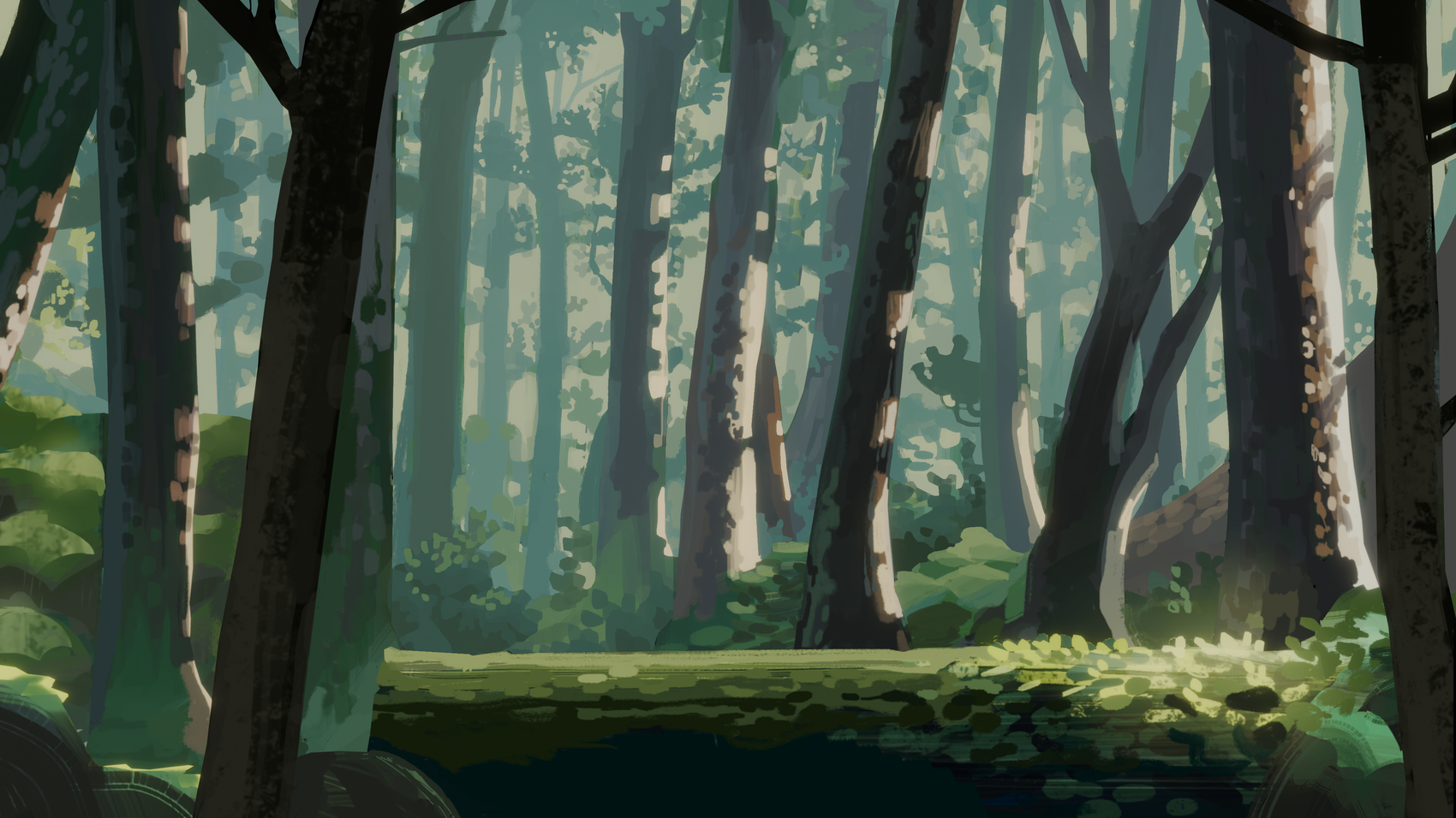 Frame from the animation project. Showing a green forest with light coming through.