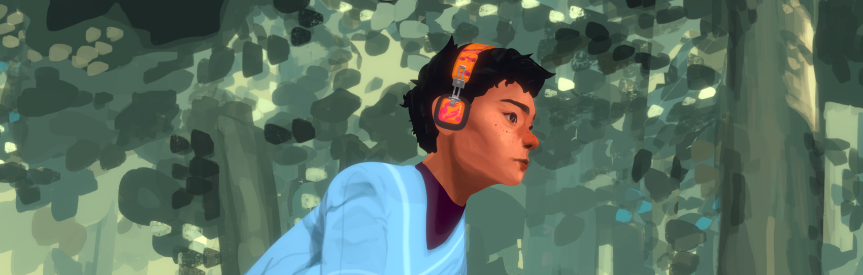 Illustration af en person på cykel i en skov, iført høretelefoner og sportstøj.
