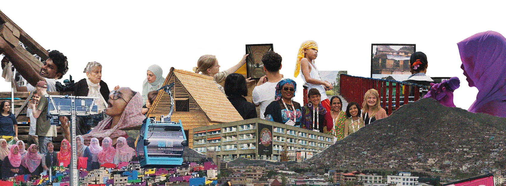 Collage of people, buildings, and landscapes, combining scenes of gatherings, architecture, and urban environments.