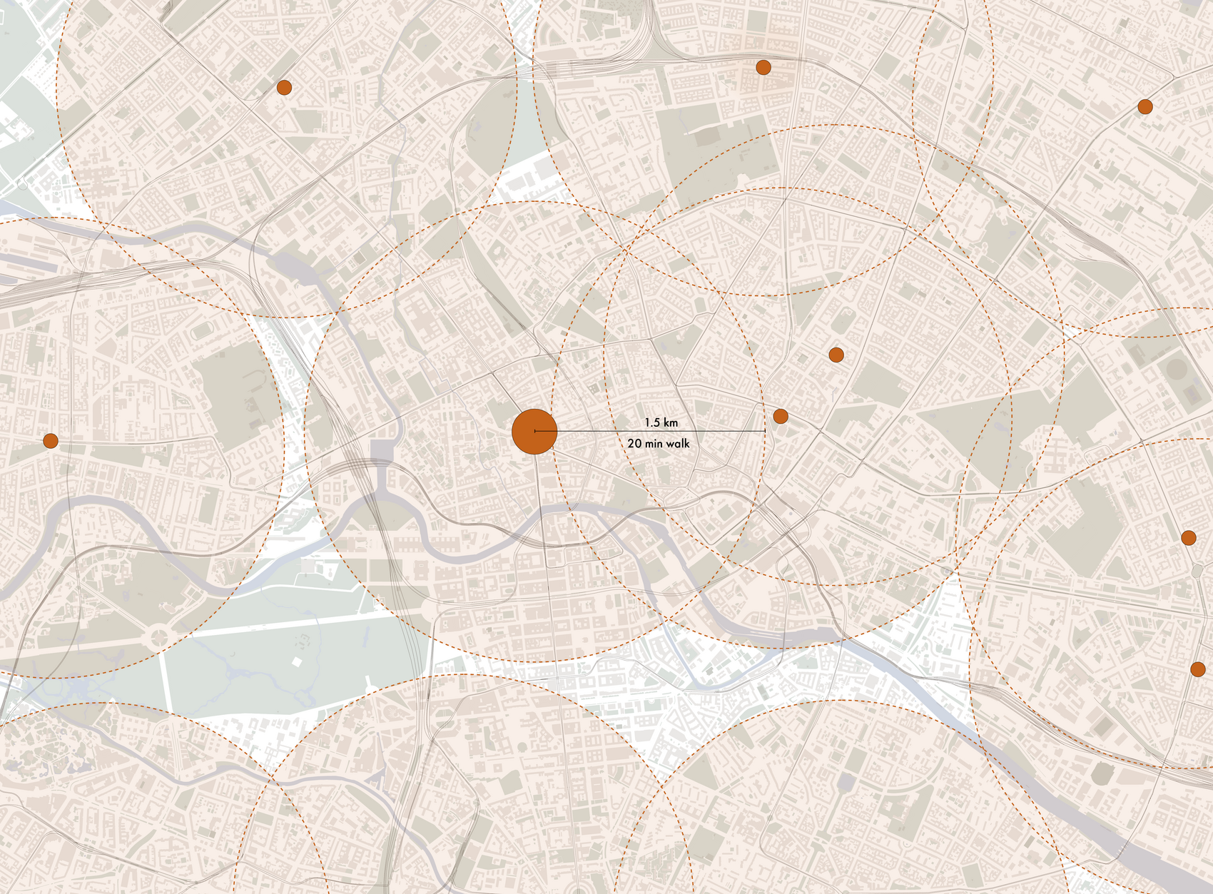 Map illustrating a distributed network of neighbourhood saunas across Berlin, with each location serving a walkable 1.5 km radius.