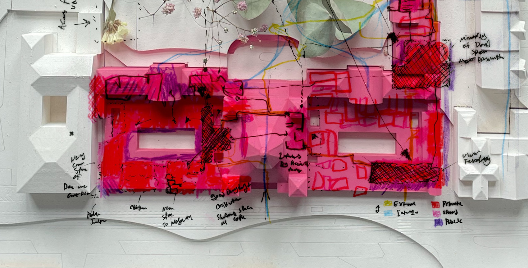 Sketch superimposed on photo of site model