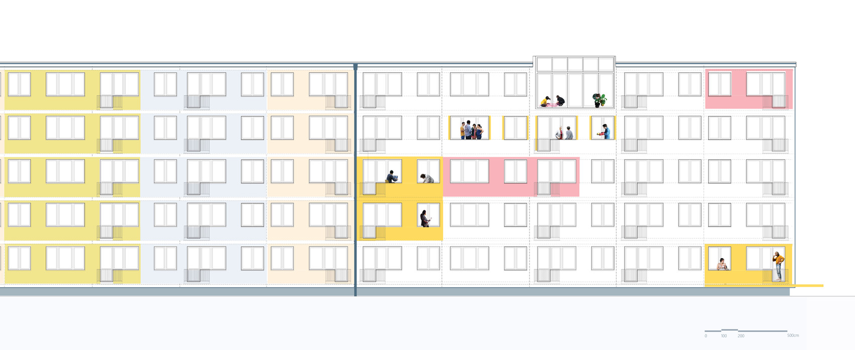 Fragment of the transformed facade displaying variety of modes of living. 
