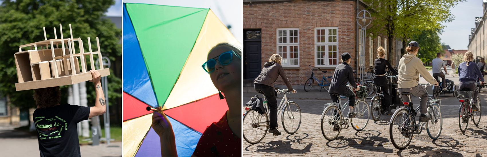 Collage med studieliv: personer går og cykler mellem historiske bygninger, sidder sammen på græs, bærer balloner og modeller, går langs kysten og holder en farverig paraply.
