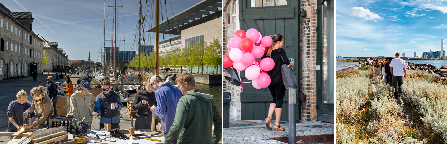 Collage med studieliv: personer går og cykler mellem historiske bygninger, sidder sammen på græs, bærer balloner og modeller, går langs kysten og holder en farverig paraply.